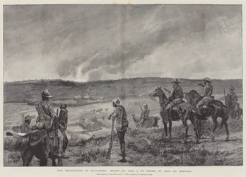 Die Zerstörung von Buluwayo, am 3. November auf Befehl von König Lo Bengula verbrannt